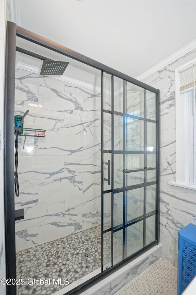 1123 Ardsley Rd, Schenectady, NY 12308 - bathroom with a marble finish shower and ornamental molding