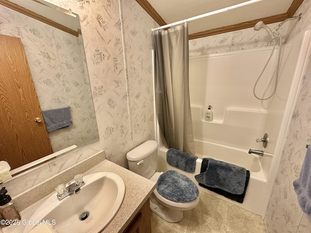 6041 Rte 9n, Hadley, NY 12835 - bathroom featuring shower / tub combo, vanity, toilet, wallpapered walls, and tile patterned flooring
