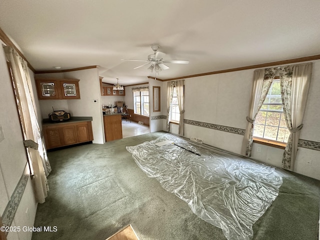 6041 Rte 9n, Hadley, NY 12835 - unfurnished living room featuring crown molding, a ceiling fan, and carpet flooring