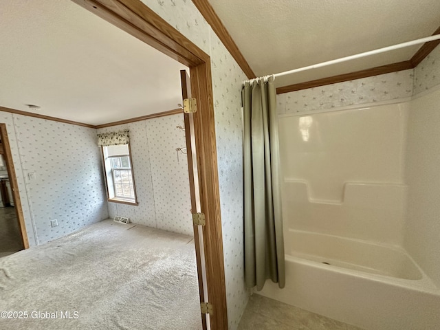 6041 Rte 9n, Hadley, NY 12835 - full bath with ornamental molding, wallpapered walls, and shower / tub combo with curtain