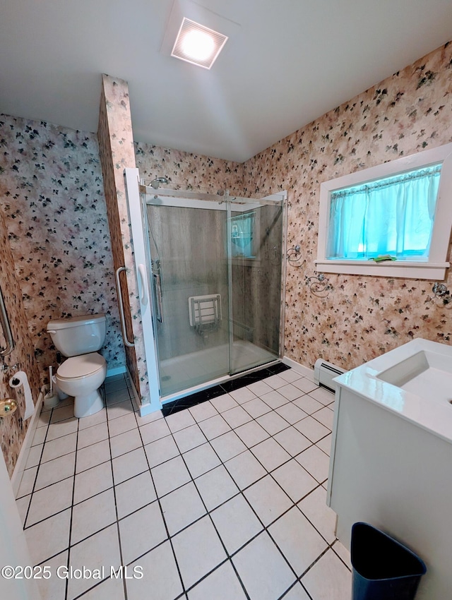 258 Middle Rd, Crown Point, NY 12928 - bathroom with baseboard heating, wallpapered walls, toilet, tile patterned flooring, and plenty of natural light