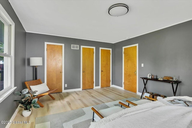 55 Fairview Ave, Hudson, NY 12534 - bedroom featuring wood finished floors, baseboards, crown molding, and two closets