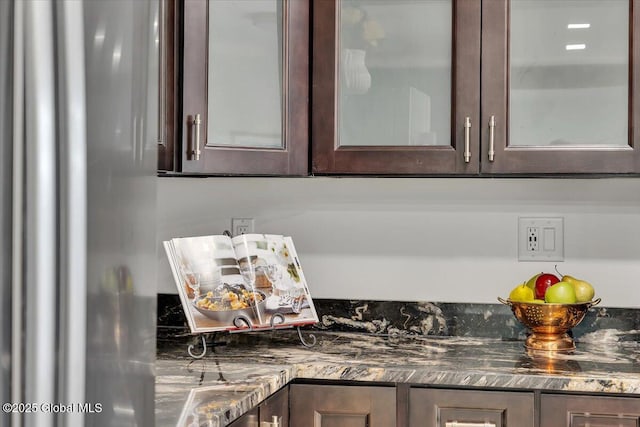 55 Fairview Ave, Hudson, NY 12534 - kitchen view of dark brown cabinets, glass insert cabinets, and freestanding refrigerator