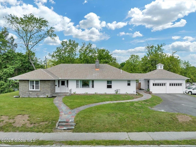 55 Fairview Ave, Hudson, NY 12534 - ranch-style house with a garage, a front lawn, driveway, a chimney, and roof with shingles