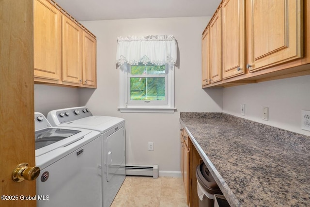 440 Posson Hill Rd, Middleburgh, NY 12122 - laundry area featuring a baseboard radiator, independent washer and dryer, cabinet space, and baseboards