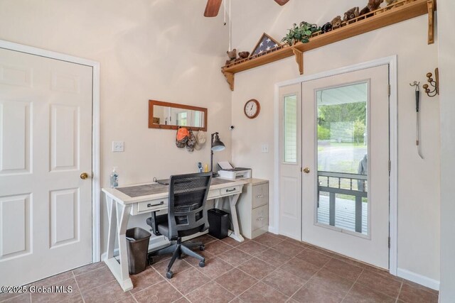 440 Posson Hill Rd, Middleburgh, NY 12122 - office area featuring ceiling fan, tile patterned floors, and baseboards