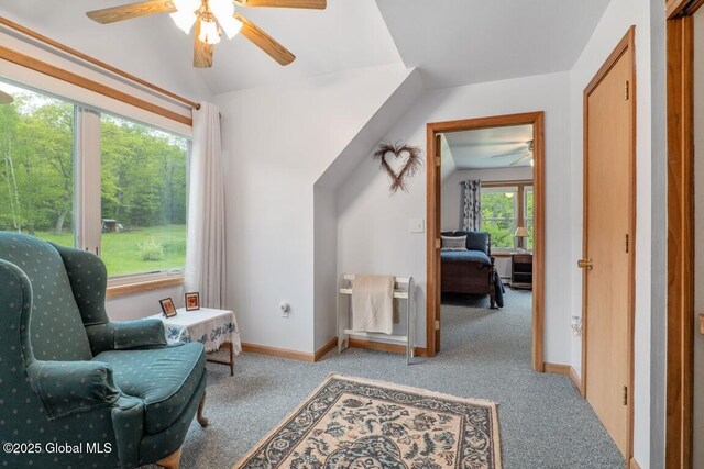 440 Posson Hill Rd, Middleburgh, NY 12122 - sitting room with ceiling fan, carpet, vaulted ceiling, and baseboards