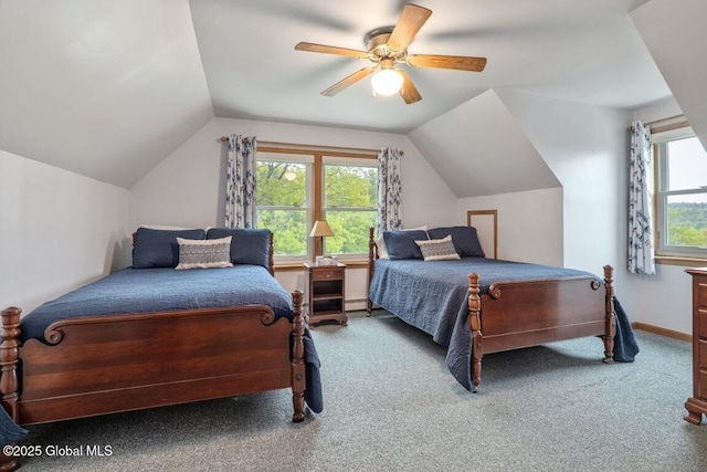 440 Posson Hill Rd, Middleburgh, NY 12122 - bedroom featuring carpet floors, lofted ceiling, a ceiling fan, and a baseboard radiator