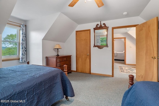 440 Posson Hill Rd, Middleburgh, NY 12122 - carpeted bedroom with vaulted ceiling, ceiling fan, and baseboards