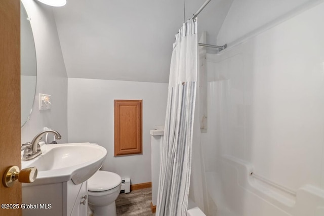 440 Posson Hill Rd, Middleburgh, NY 12122 - full bath featuring baseboard heating, vanity, wood finished floors, vaulted ceiling, and toilet