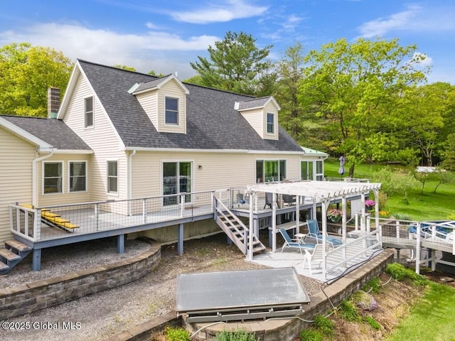 440 Posson Hill Rd, Middleburgh, NY 12122 - back of house with a pergola, a wooden deck, a shingled roof, and a patio area