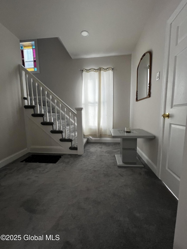 94 Willow Ave, Schenectady, NY 12304 - foyer entrance with stairs, carpet flooring, baseboards, and recessed lighting