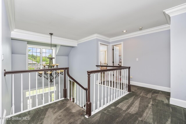 17 Brendan Ln, Niskayuna, NY 12309 - hall featuring an upstairs landing, crown molding, a chandelier, carpet, and baseboards
