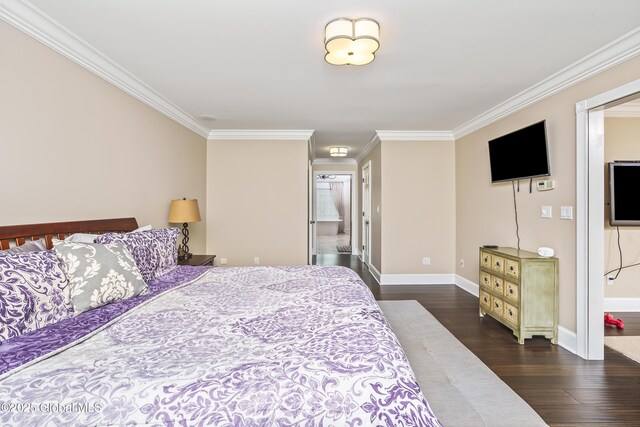17 Brendan Ln, Niskayuna, NY 12309 - bedroom featuring ornamental molding, dark wood-style floors, baseboards, and ensuite bath