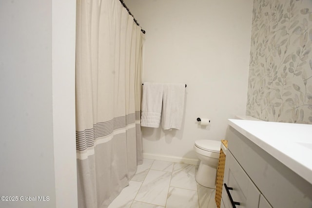 22 Winners Cir, Saratoga Springs, Inside, NY 12866 - bathroom featuring vanity, marble look tiles, toilet, baseboards, and a shower with curtain