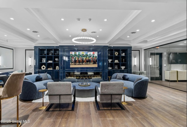 19 Washington St Unit 254B2, Saratoga Springs, Inside, NY 12866 - living room featuring wood finished floors, crown molding, recessed lighting, and bar area