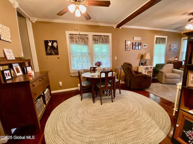 1926 Golf Ave, Schenectady, NY 12308 - dining area with ceiling fan, dark wood-style flooring, ornamental molding, and baseboards