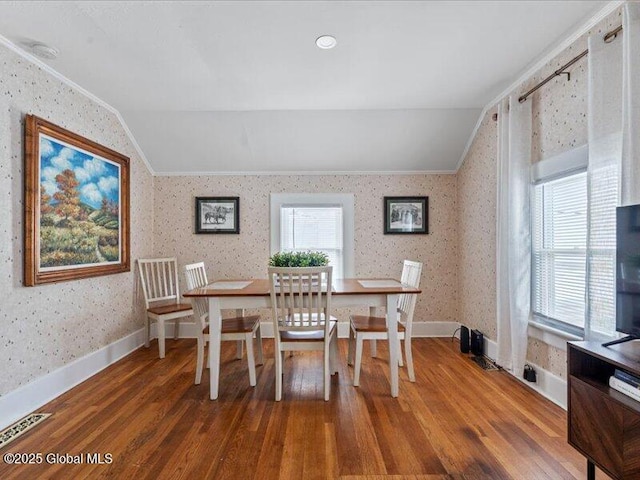 2 Van Rensselear St, Saratoga Springs, Inside, NY 12866 - dining area featuring vaulted ceiling, wallpapered walls, wood finished floors, and baseboards