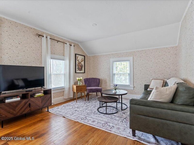 2 Van Rensselear St, Saratoga Springs, Inside, NY 12866 - living room with wallpapered walls, vaulted ceiling, and wood finished floors