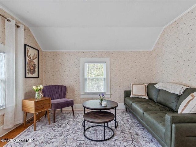 2 Van Rensselear St, Saratoga Springs, Inside, NY 12866 - living area with lofted ceiling, crown molding, wallpapered walls, and wood finished floors