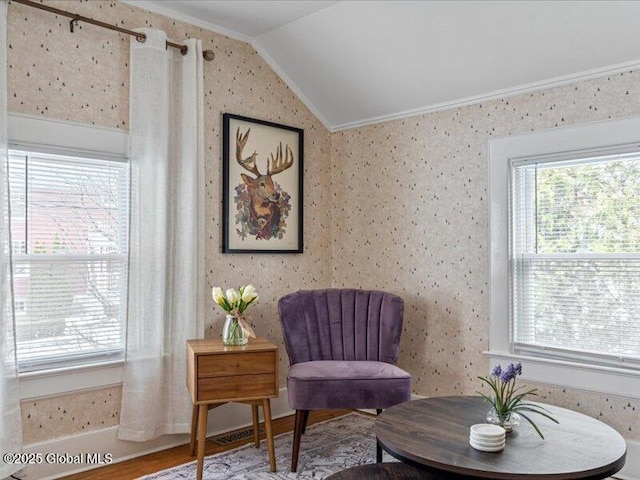 2 Van Rensselear St, Saratoga Springs, Inside, NY 12866 - living area featuring crown molding, lofted ceiling, and wallpapered walls