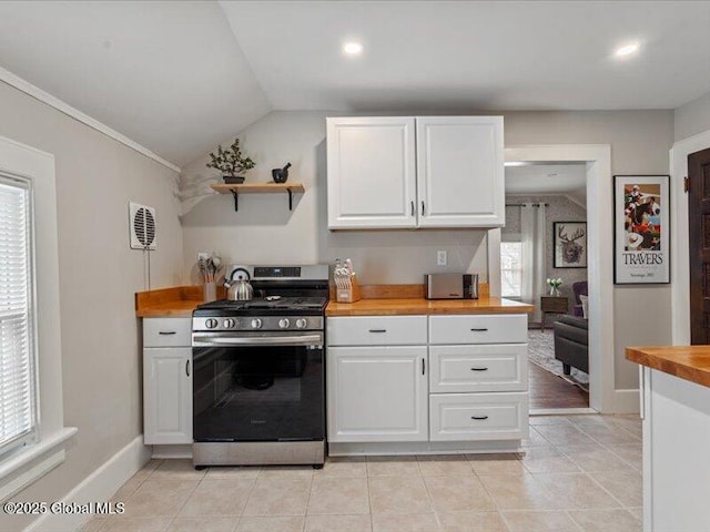 2 Van Rensselear St, Saratoga Springs, Inside, NY 12866 - kitchen with gas range, wooden counters, lofted ceiling, white cabinets, and open shelves