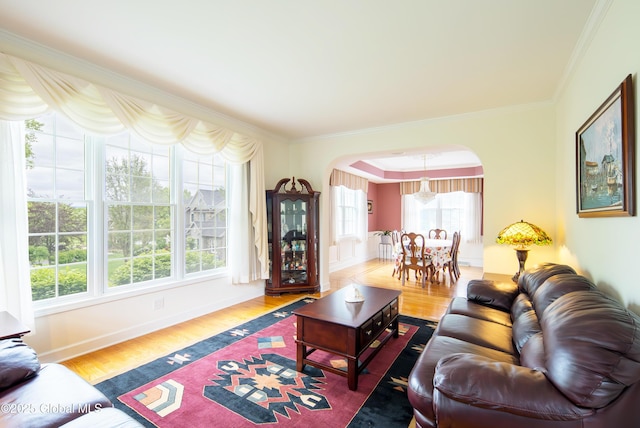 1 Avalon Ct, Colonie, NY 12211 - living area with arched walkways, plenty of natural light, crown molding, wood finished floors, and baseboards