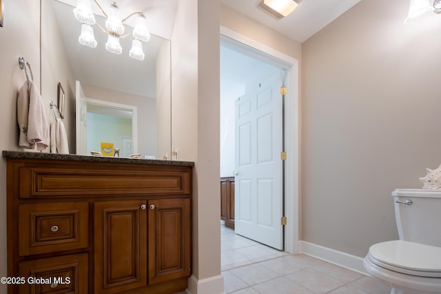 1 Avalon Ct, Colonie, NY 12211 - half bath featuring toilet, tile patterned flooring, vanity, baseboards, and a chandelier