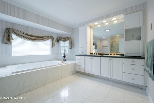 1 Avalon Ct, Colonie, NY 12211 - bathroom with vanity, crown molding, a bath, and a stall shower