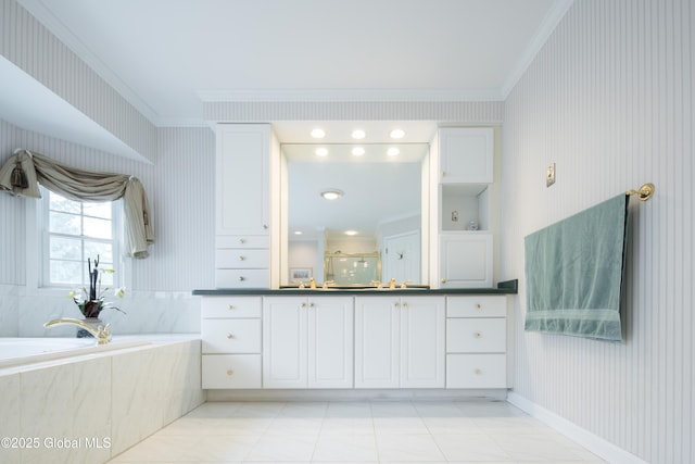 1 Avalon Ct, Colonie, NY 12211 - bathroom featuring ornamental molding, vanity, a bath, and baseboards