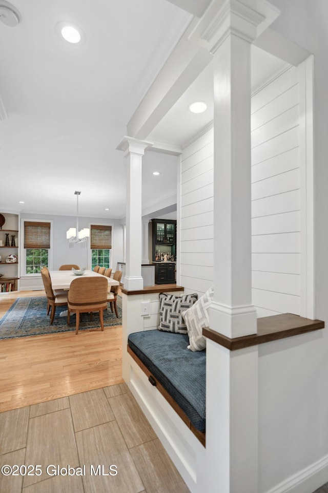 151 Edie Rd, Wilton, NY 12866 - hallway featuring ornate columns, wood finished floors, recessed lighting, and a chandelier
