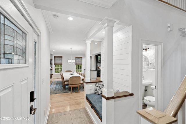 151 Edie Rd, Wilton, NY 12866 - foyer featuring decorative columns, crown molding, recessed lighting, and light wood-type flooring