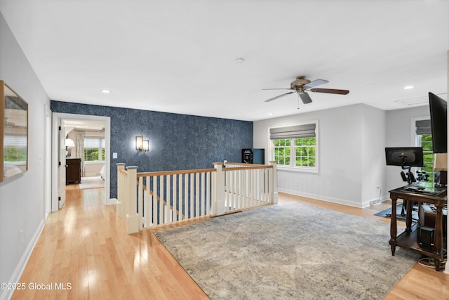 151 Edie Rd, Wilton, NY 12866 - hall featuring an upstairs landing, baseboards, light wood-style floors, wallpapered walls, and recessed lighting