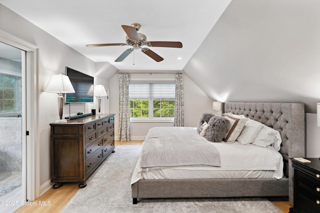 151 Edie Rd, Wilton, NY 12866 - bedroom featuring light wood finished floors, lofted ceiling, baseboards, and ceiling fan