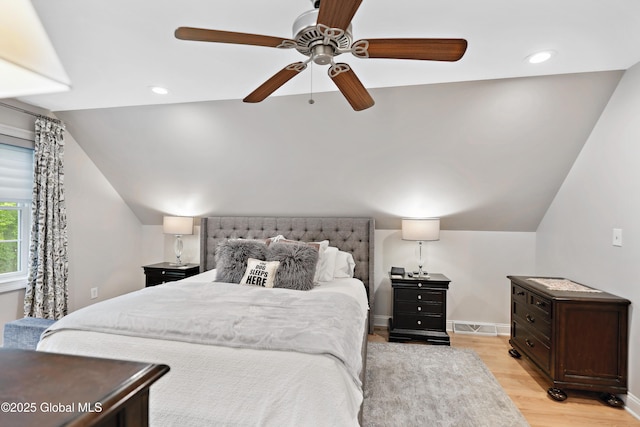 151 Edie Rd, Wilton, NY 12866 - bedroom with lofted ceiling, light wood-style flooring, baseboards, recessed lighting, and ceiling fan