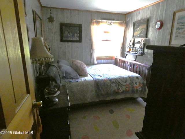 2541 N Line Rd, Galway, NY 12074 - bedroom featuring crown molding, wooden walls, and carpet floors