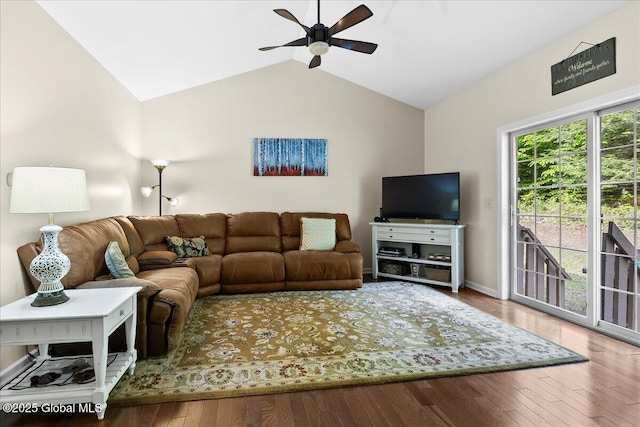33 White Birch Dr, Lake Luzerne, NY 12846 - living area with ceiling fan, vaulted ceiling, wood finished floors, and baseboards
