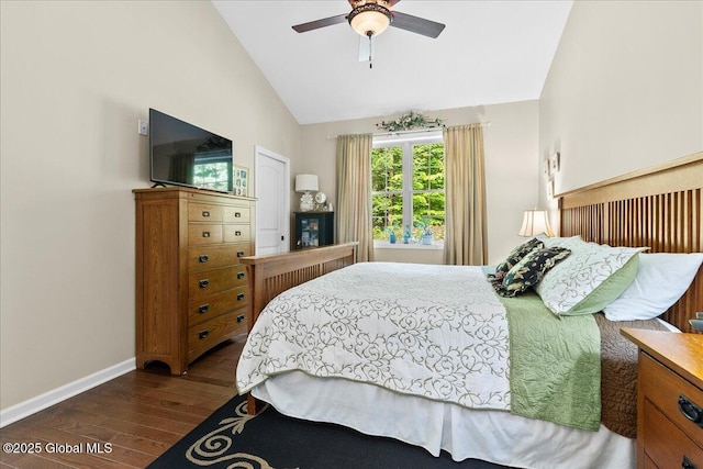 33 White Birch Dr, Lake Luzerne, NY 12846 - bedroom with wood finished floors, baseboards, a closet, ceiling fan, and high vaulted ceiling