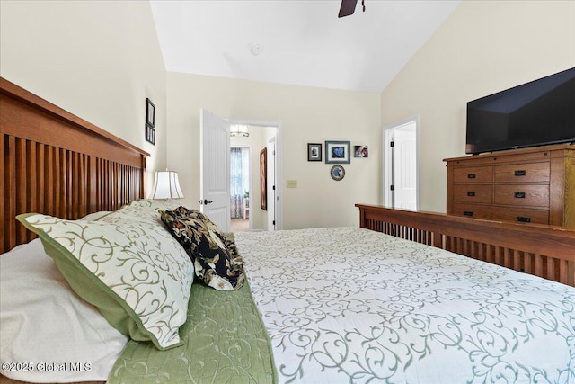 33 White Birch Dr, Lake Luzerne, NY 12846 - carpeted bedroom featuring high vaulted ceiling and a ceiling fan