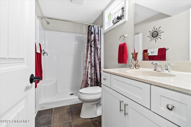 33 White Birch Dr, Lake Luzerne, NY 12846 - full bathroom featuring toilet, vanity, a shower with shower curtain, and tile patterned floors