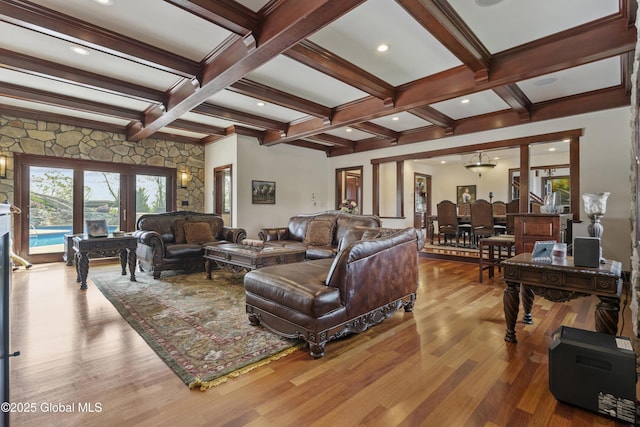 1310 Currybush Rd, Rotterdam, NY 12306 - living room with wood finished floors, beamed ceiling, coffered ceiling, and recessed lighting