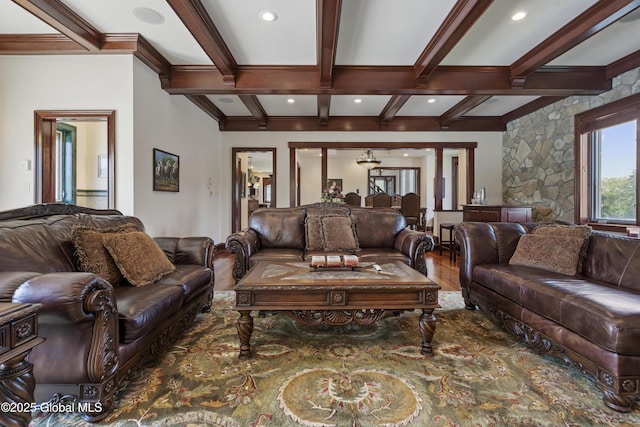 1310 Currybush Rd, Rotterdam, NY 12306 - living room with wood finished floors, beamed ceiling, coffered ceiling, and recessed lighting