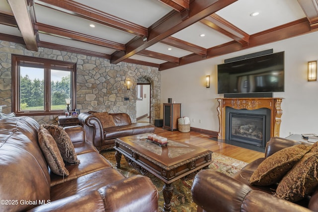 1310 Currybush Rd, Rotterdam, NY 12306 - living room with wood finished floors, a fireplace with flush hearth, beamed ceiling, coffered ceiling, and recessed lighting