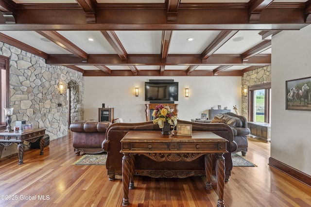 1310 Currybush Rd, Rotterdam, NY 12306 - living room featuring beamed ceiling, light wood finished floors, baseboards, and coffered ceiling