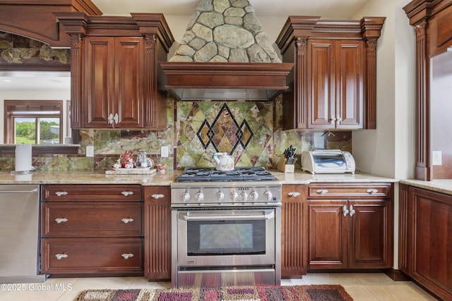 1310 Currybush Rd, Rotterdam, NY 12306 - kitchen with stainless steel appliances, premium range hood, light tile patterned floors, light stone countertops, and backsplash