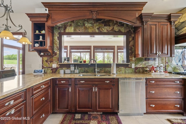 1310 Currybush Rd, Rotterdam, NY 12306 - kitchen with a sink, dishwasher, light tile patterned floors, light stone counters, and backsplash