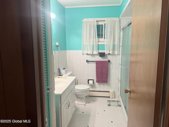 9 Potter St, Glens Falls, NY 12801 - full bath with a baseboard heating unit, vanity, toilet, a shower stall, and ornamental molding