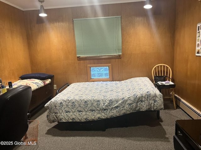 9 Potter St, Glens Falls, NY 12801 - carpeted bedroom featuring a baseboard heating unit, ornamental molding, and wood walls