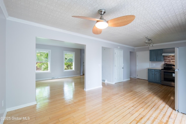 78 Dewitt Ave, Schenectady, NY 12304 - unfurnished living room featuring ornamental molding, a ceiling fan, baseboards, and light wood-type flooring