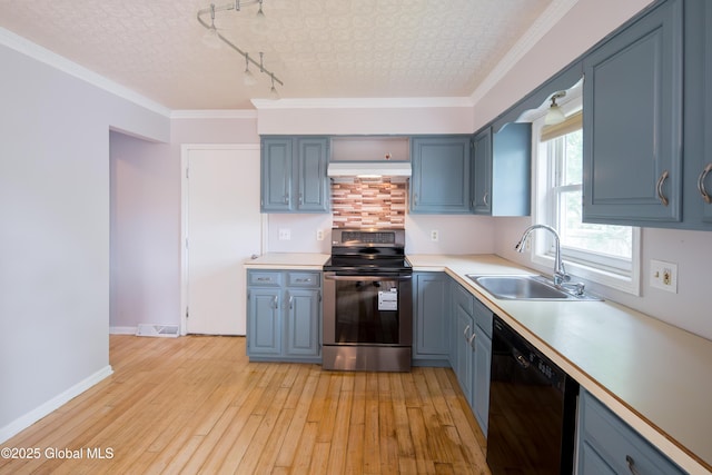 78 Dewitt Ave, Schenectady, NY 12304 - kitchen with stainless steel range with electric stovetop, black dishwasher, a sink, ventilation hood, and track lighting